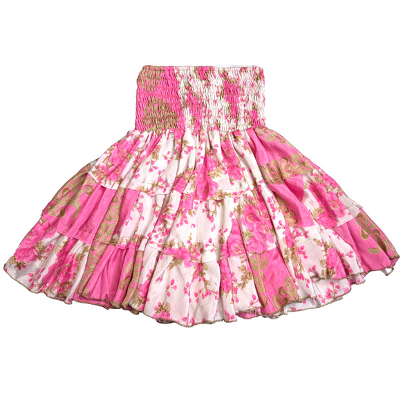 Silk Layered Ruffle Fairy Coquette Balletcore Smocked Pink Floral Skirt XS - Picture 3 of 9